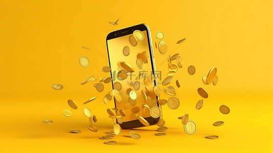 手机黄色背景背景图片_黄色背景 3D 渲染上围绕手机旋转的金币