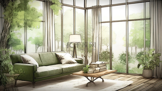 房子平面3d背景图片_舒适的起居空间配有舒适的沙发悬挂式吊灯和宽敞的窗户，展示了 3D 草图呈现的宁静自然景观