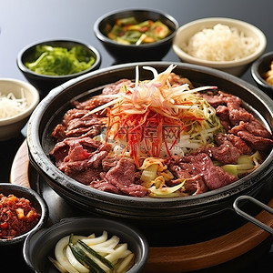 海鲜面条背景图片_首尔最好的烤牛肉海鲜面条和沙拉