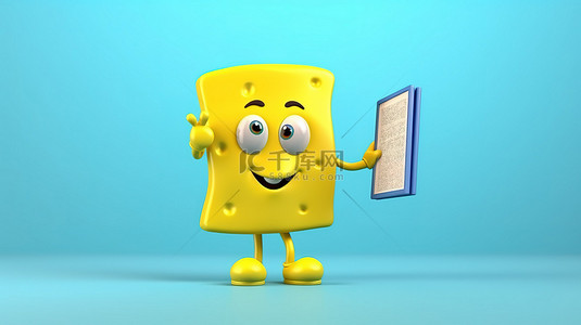 高速公路卡通背景图片_3D 渲染的蓝色人物吉祥物在黄色背景上拿着一本书，并为您的设计提供了可用空间