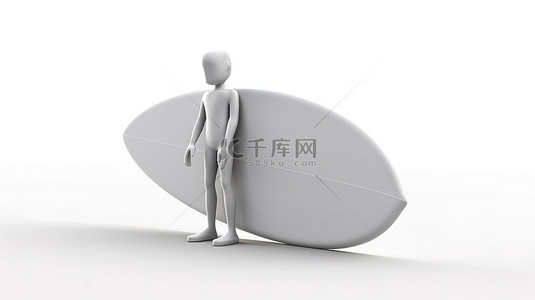现代冲浪板 3D 呈现白色背景上的小人物