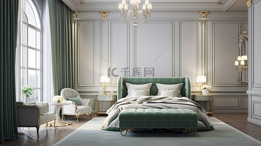 卧室新古典风格内饰的 3D 渲染