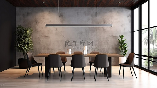长桌餐厅的 3D 渲染，配有八把椅子和样机海报