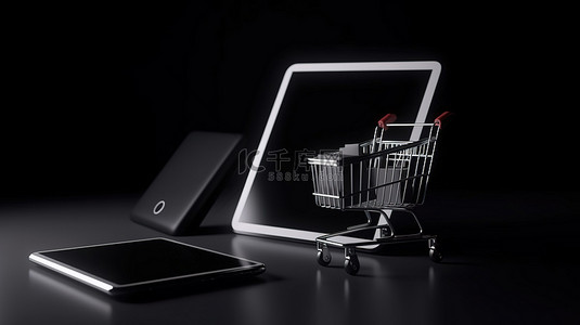 电子商务和技术将在线购物的 3d 渲染与平板电脑空白屏幕相结合，添加到购物车支付和启动概念