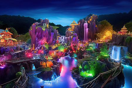 夜间水上公园的照片，有瀑布和许多彩色灯光