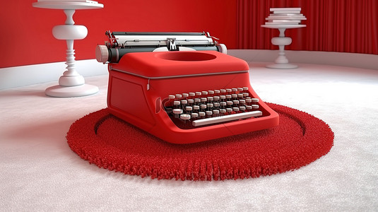 房间内白色圆桌的极端特写 3D 渲染，地板铺有红地毯，白色墙壁配有充满活力的红色打字机