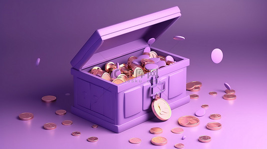 紫色背景横幅上带有财务和省钱概念的硬币漂浮在保险箱中的简约 3D 插图