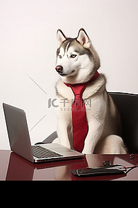 红雪橇背景图片_戴红领带的哈士奇狗坐在笔记本电脑旁边