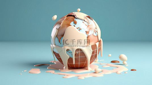 地球与空间背景图片_地球融化的冰淇淋可视化全球变暖的影响 3D 插图与复制空间