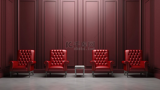 红色的条纹背景图片_在空荡荡的灰色房间里，簇绒红色椅子靠在浮雕条纹墙上的简约 3D 渲染