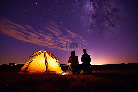 夜晚帐篷背景图片_晚上，两个人站在黑暗中看着帐篷上方的星星