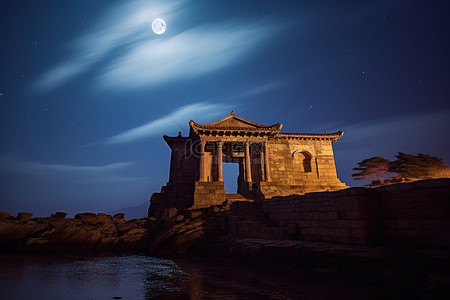 月亮城背景图片_半夜的一座古庙