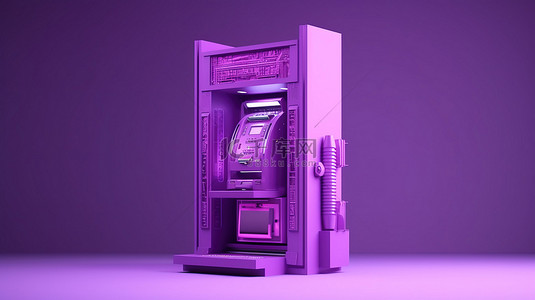 紫色 ATM 机的简约 3D 渲染，用于转账和支付概念