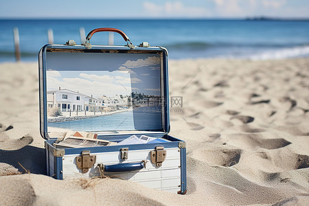 美国杂志广告背景图片_老式手提箱和房子照片在海滩上