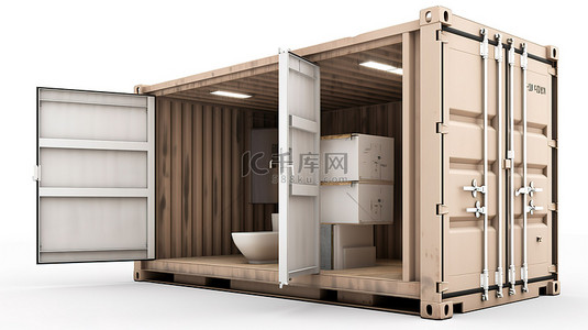 建背景图片_孤立的白色 3D 插图，展示了一个升级改造的集装箱，改造成浴室舱