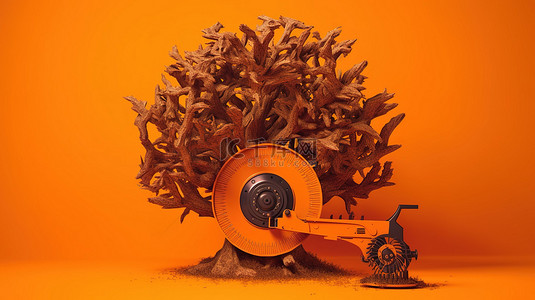 工人背景背景图片_橙色背景下锯切单色树的 3d 渲染