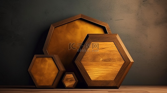 黄框背景图片_几何静物集 3D 渲染六角形棕色木质讲台，带金框黄色正方形