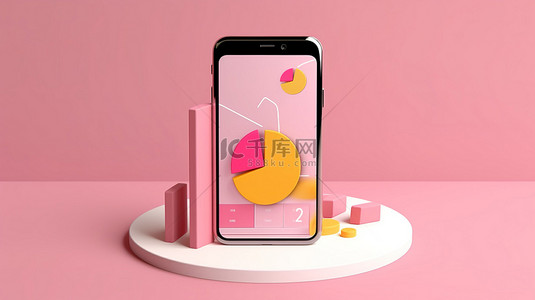 科技分析数据表背景图片_智能手机上业务趋势的交互式饼图分析在柔和的粉红色背景上显示 3D 渲染插图