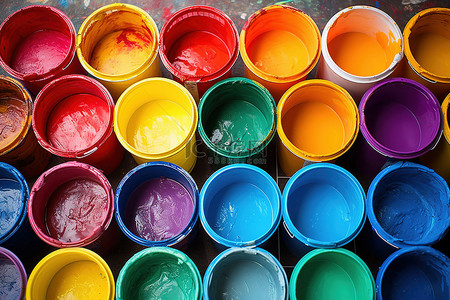桶装水水票背景图片_许多塑料桶装满各种颜色的油漆