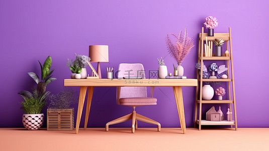 时尚的现代木桌，装饰着家居装饰和办公用品，搭配薰衣草背景 3D 渲染