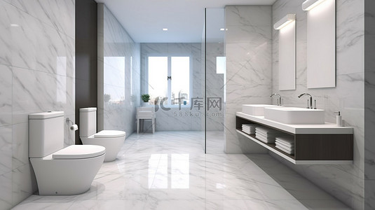 黑墙白瓦背景图片_现代大理石印花瓷砖装饰现代浴室 3D 渲染中光滑的白色厕所