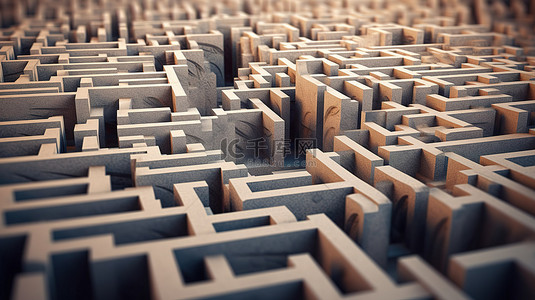 复杂详细的混凝土迷宫迷宫神秘 3D 渲染的强烈特写