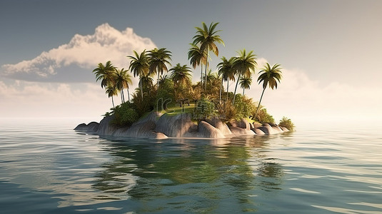 岸上的波妞背景图片_岛屿绿洲 3d 棕榈树在僻静的海岸上摇曳