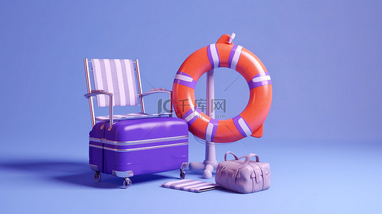 躺椅背景图片_充满活力的蓝色背景，配有 3D 渲染的紫色手提箱，配有躺椅救生圈和沙滩球