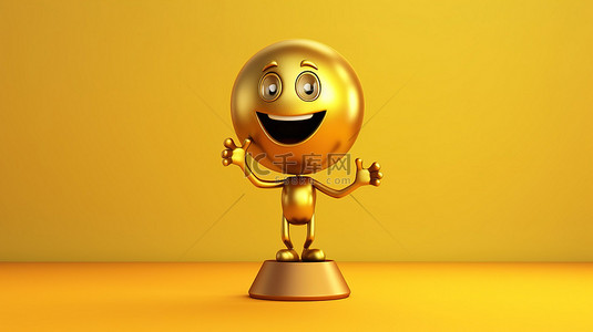 冠军奖杯雕像与地球仪在充满活力的黄色背景 3D 设计