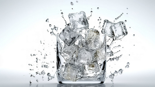 饮料上新背景图片_白色背景上的冰块级联成玻璃的 3D 渲染