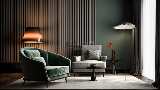 时尚精致背景图片_时尚精致的客厅装饰着扶手椅和落地灯 3D 渲染