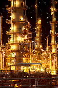 夜间的炼油厂油井，油罐旁有灯光