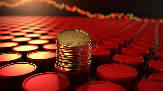 金钱堆背景图片_用向下的红色箭头可视化全球经济危机的影响 3d 渲染的硬币堆