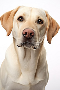 一只白色拉布拉多犬抬头看着镜头