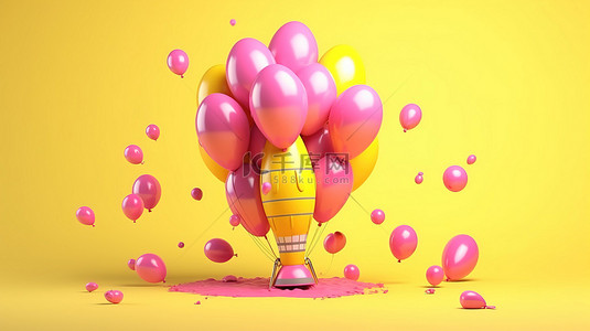 粉红色火箭在充满活力的黄色背景上的气球中发射的 3D 渲染插图