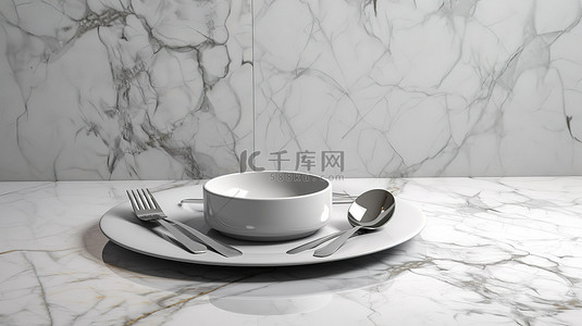 美食装饰背景图片_大理石基座装饰着空置的餐桌 3D 渲染
