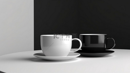 买东西对比背景图片_带有黑白杯子的对比背景的 3D 渲染
