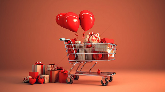 超市情人节背景图片_温馨的礼品车和满载购买的折扣手推车 3D 渲染