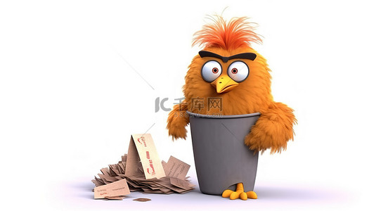 搞笑动图gif背景图片_搞笑的 3D 公鸡，带有标志和垃圾桶