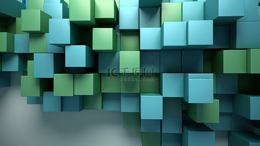 组中灰色背景上蓝色和绿色块的抽象 3D 渲染