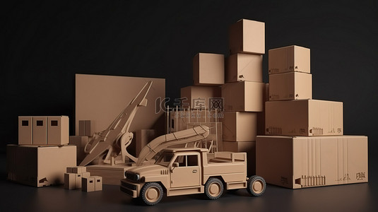 航运和运输场景中的板条箱 3d 渲染与纸板箱货物集装箱船平面汽车货车和卡车