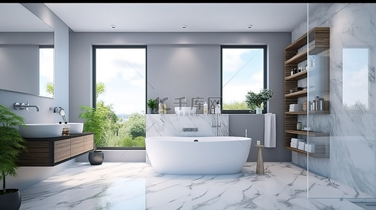 渲染植物背景图片_时尚而时尚的 3d 渲染现代豪华浴室，配有玻璃浴缸植物和大理石窗台