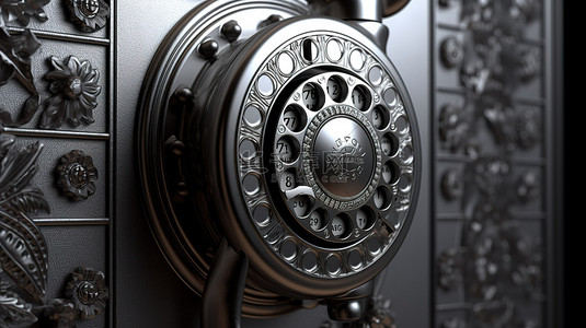 老式电话拨号盘放置在光滑的金属镀铬墙上 3D 渲染