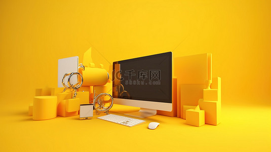 软件编程背景图片_在充满活力的黄色背景下以 3D 渲染在计算机上显示的在线营销网站概念