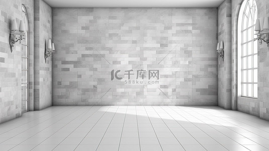 3D 渲染空白空间的插图，适合您的设计，配有大理石地板和灰色砖墙背景