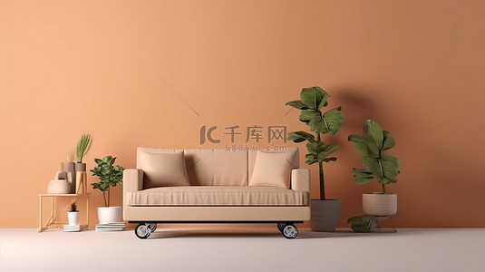 购物车中完美的沙发 3D 渲染模型展示了家具购物体验