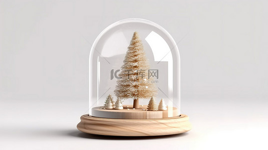 白色背景上隔离的玻璃圆顶下有圣诞树的木制讲台的 3D 插图