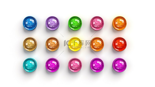 白色甜蜜背景图片_充满活力的按钮组彩色糖果隔离在白色背景 3D 聪明人和彩虹糖果的插图