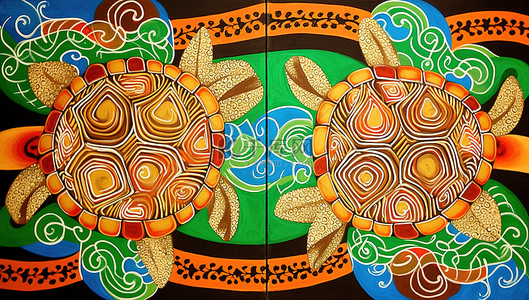 绿壳乌龟背景图片_一幅在画布上描绘两只乌龟的民族画