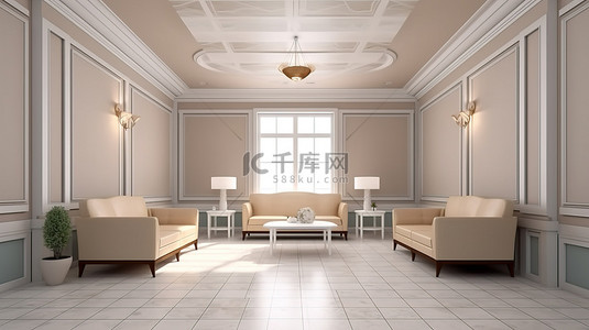 休息区温馨提示背景图片_传统的休息区配有优雅的桌子和沙发 3D 视觉效果